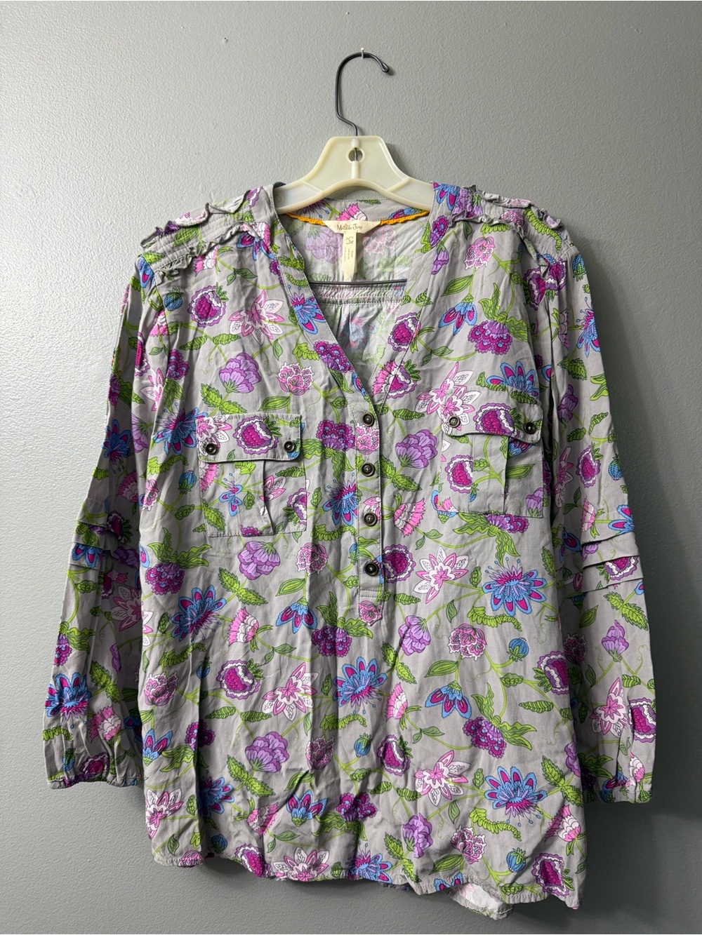 Matilda Jane Shirt Womens Gray Purple Floral Ruffle Thinking Out Loud large